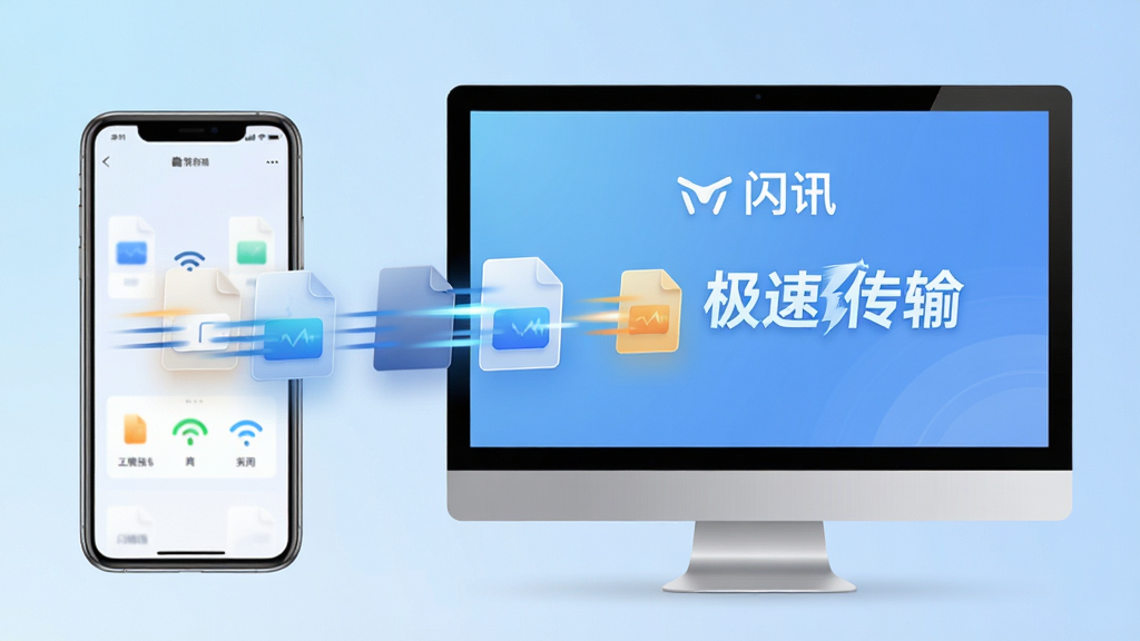 闪讯文件传输功能展示,手机与电脑屏幕之间显示文件快速传输的动效,文件图标带有速度线,背景为渐变浅蓝色,界面干净,突出“极速传输”文字,画质高清