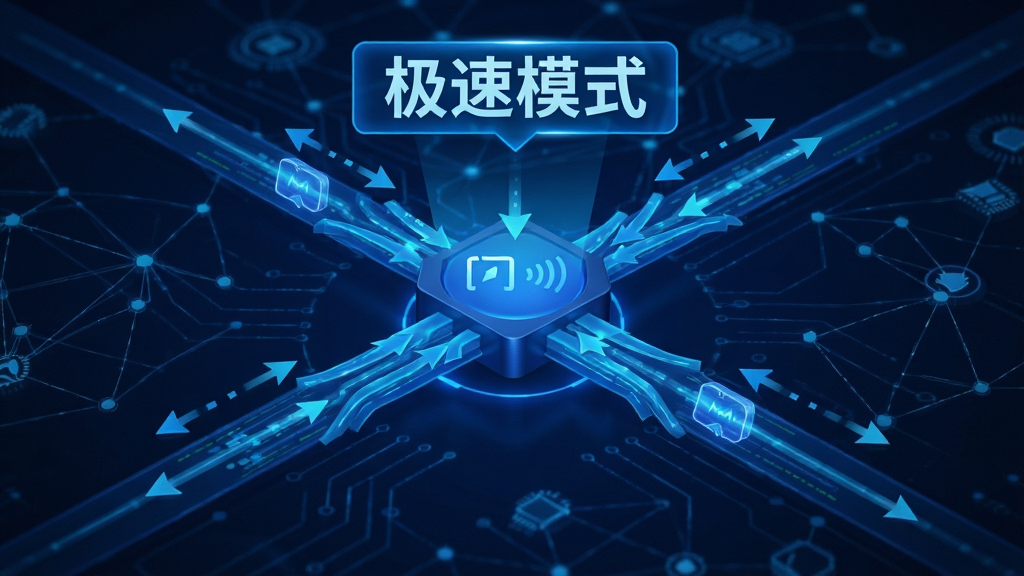 闪讯网络加速功能示意图,展示多条数据线路汇聚到中心,箭头表示优化传输路径,背景为科技感网络拓扑图,蓝色调,清晰标注“极速模式”字样,画质干净,无多余元素