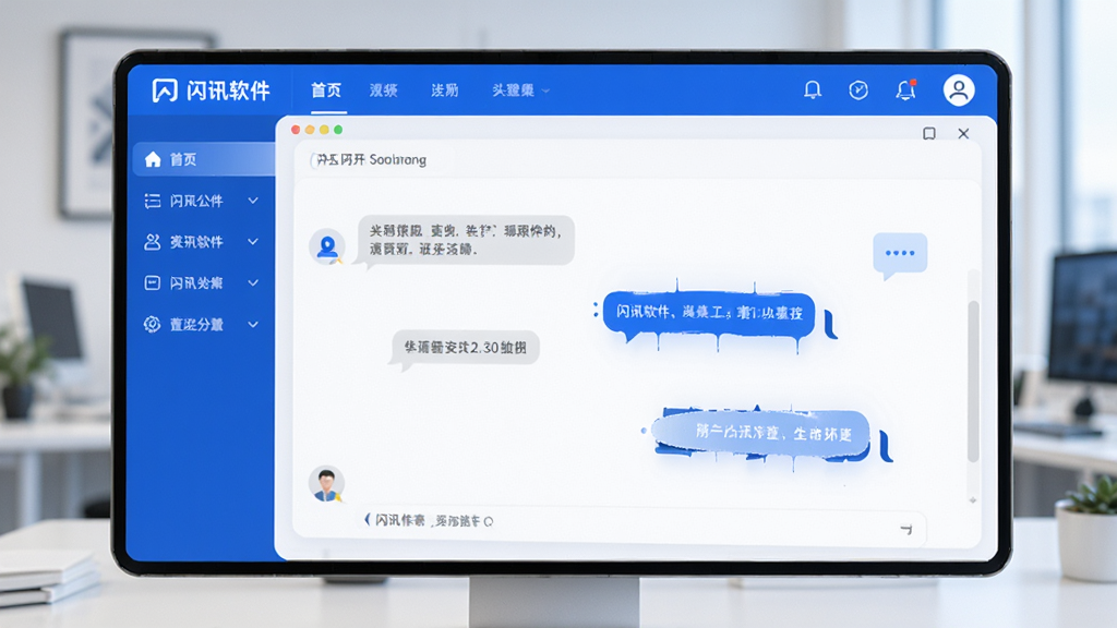 闪讯软件主界面预览图,展示简洁的聊天窗口布局与清晰的导航栏,整体风格现代科技感,蓝白配色为主,界面干净明亮,图标精致,画质高清,无多余元素
