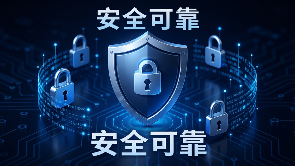 闪讯安全加密功能展示,一个盾牌图标位于中央,周围环绕锁形与数据流,背景为深蓝色科技感,突出“安全可靠”字样,画质精致,无多余元素