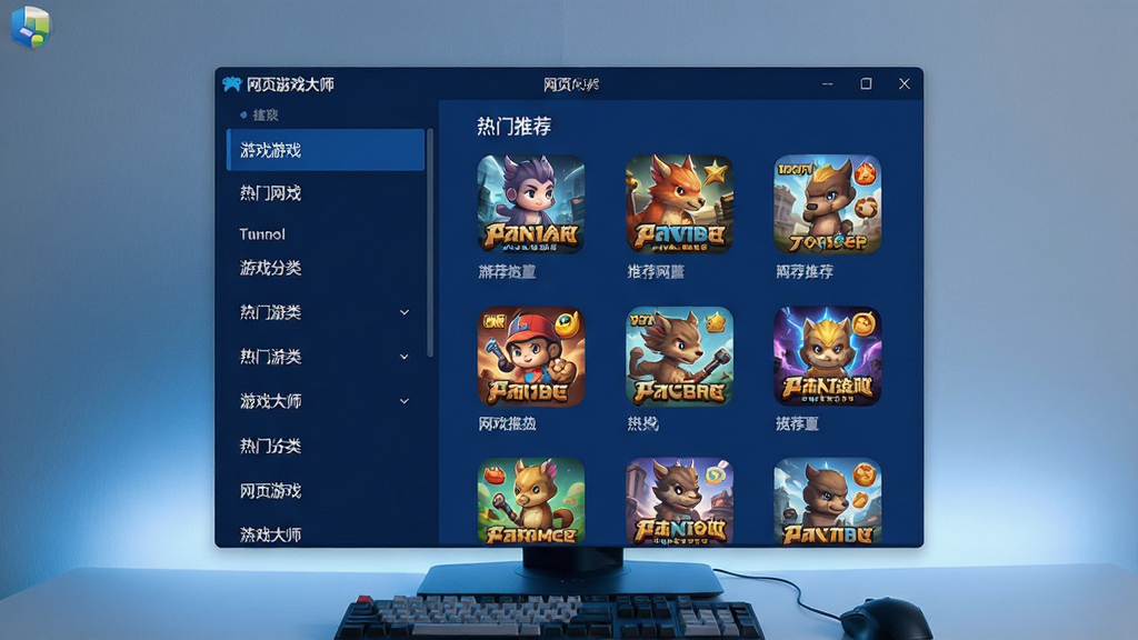 一张现代科技感风格的电脑桌面截图,画面中央是“网页游戏大师”软件主界面,深蓝色背景,左侧有清晰的游戏分类列表,右侧显示推荐的热门网页游戏图标,整体布局简洁大方,界面UI设计干净整洁,画质高清,无多余元素