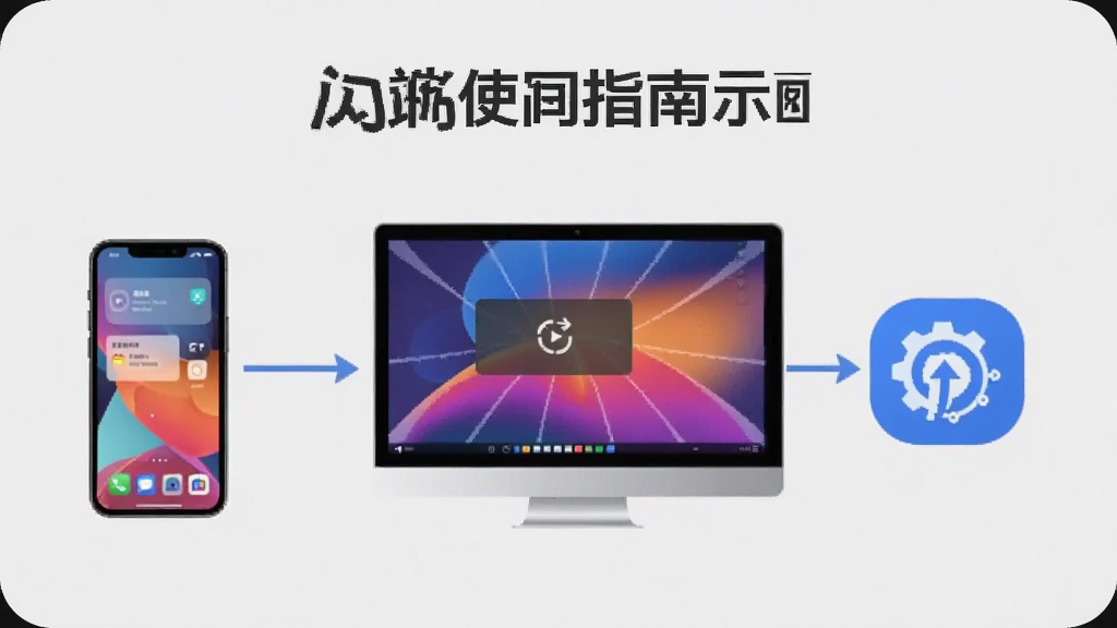 闪讯使用指南示意图,展示手机与电脑连接同一账号,旁边有设置图标,背景为浅灰色,风格简洁,标注“多端同步”字样,画质干净,无多余元素