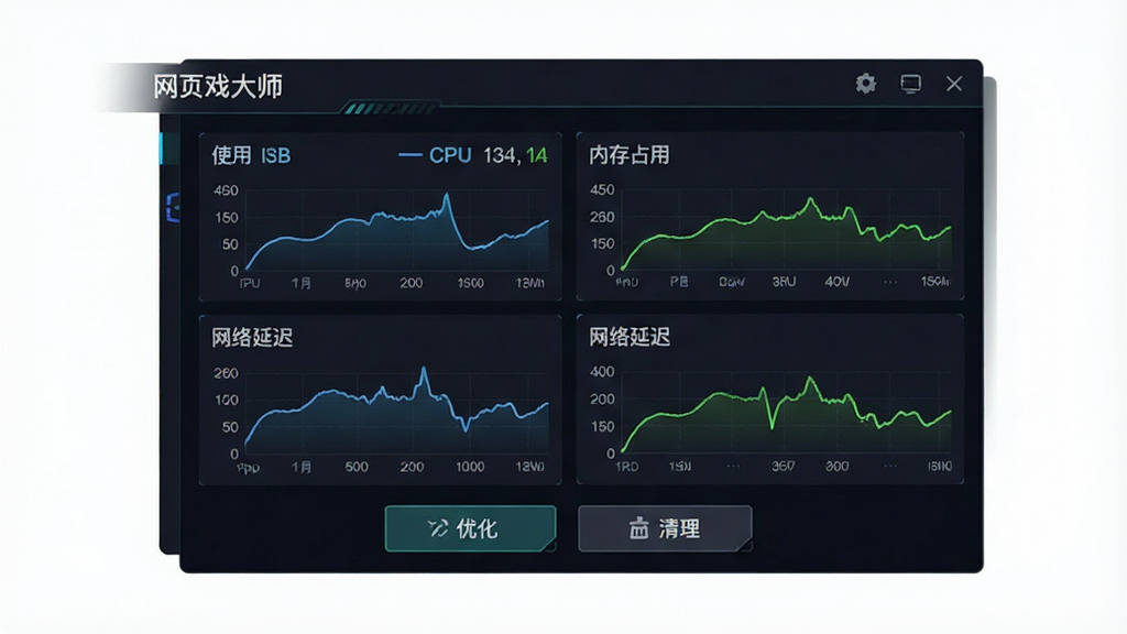 一张展示“网页游戏大师”运行状态监控面板的截图,面板上有CPU使用率、内存占用、网络延迟的实时曲线图,下方有“优化”与“清理”按钮,整体风格为深色科技感,数据清晰可见,画质干净,无多余元素