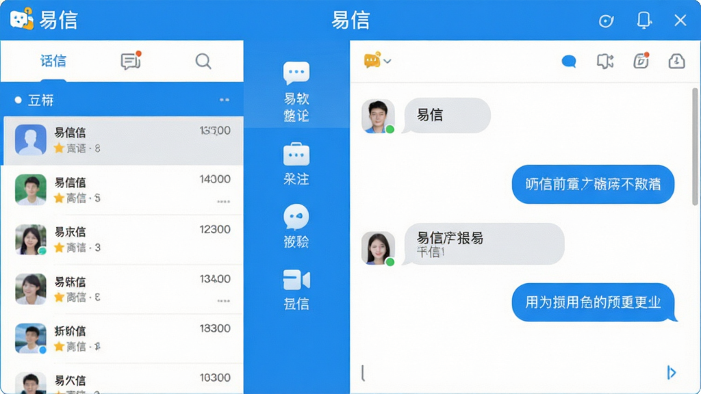 主体:易信软件主界面,展示聊天列表与功能图标;布局:界面清晰,左侧为会话栏,右侧为聊天窗口;排版:现代简约风格,功能分区明确;风格:扁平化设计,色彩明快,以蓝色为主色调;细节:图标精致,消息气泡圆润,顶部显示“易信”字样;画质:高清,干净,无多余元素