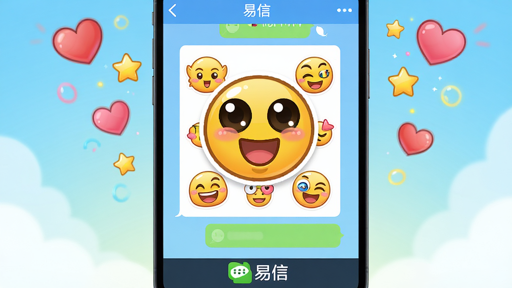 主体:易信聊天界面,展示趣味表情动画效果;布局:中央对话框,表情贴纸占主导;排版:活泼有趣,表情尺寸醒目;风格:卡通动漫风,色彩鲜艳;细节:屏幕中飘落爱心与星星,底部有“易信”logo;画质:高分辨率,干净,无多余元素