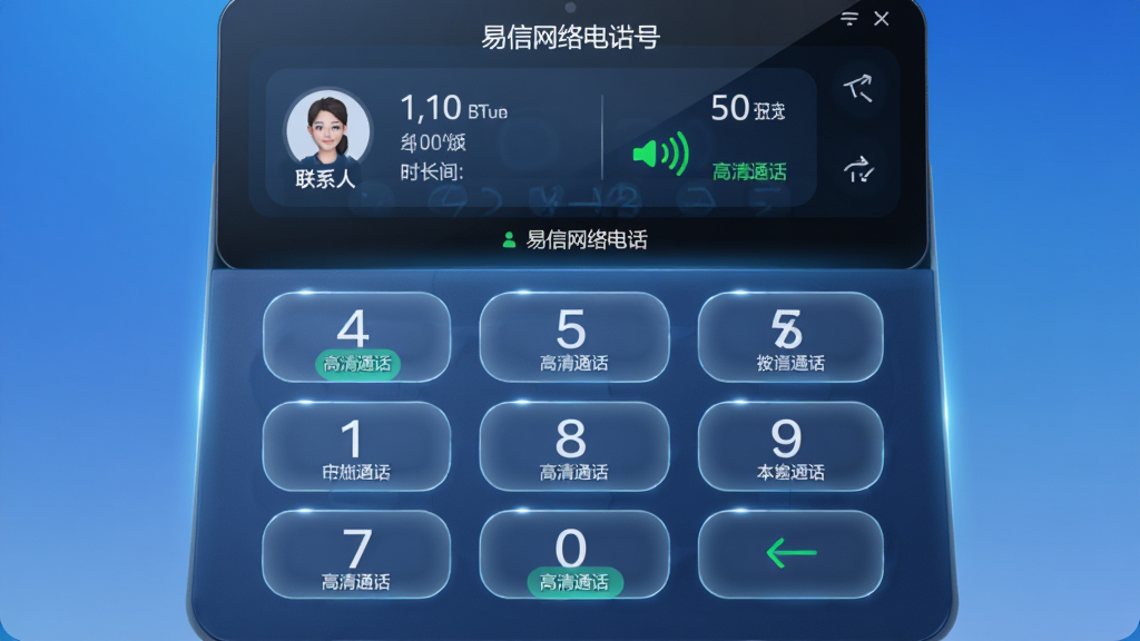 主体:易信网络电话拨号界面,背景为渐变蓝色;布局:中央大数字键盘,顶部显示联系人与通话时长;排版:简洁直观,按键间距合理;风格:科技感,光效柔和;细节:标注“高清通话”字样,信号图标满格;画质:细腻,干净,无多余元素