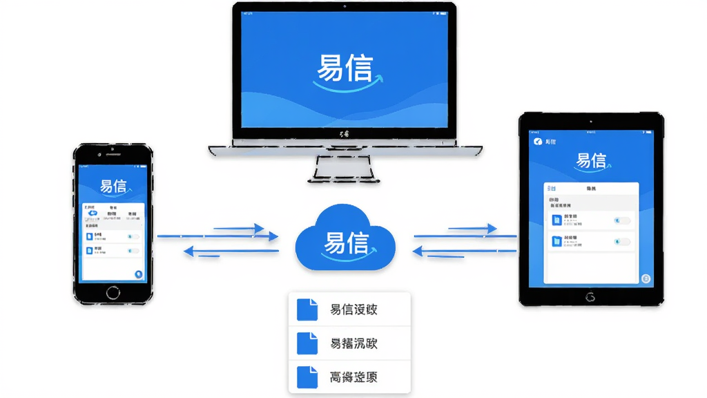 主体:易信多设备同步示意图,展示手机、电脑、平板;布局:三台设备围绕中央云端图标,下方有文件列表;排版:逻辑清晰,连线示意同步方向;风格:线稿加扁平色块,科技蓝;细节:每台设备屏幕均显示“易信”界面;画质:清晰,干净,无多余元素