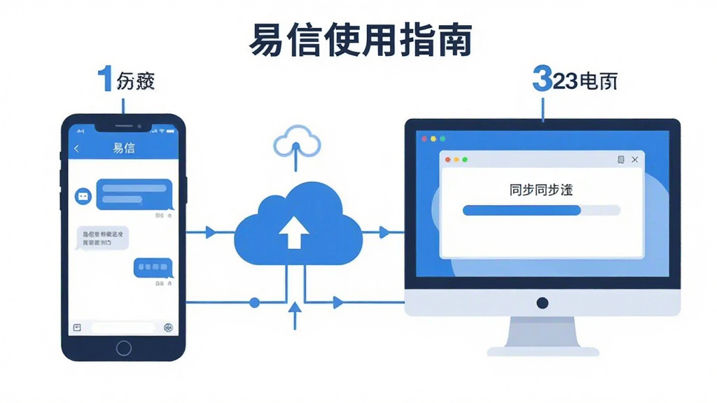 主体:易信使用指南插图,展示手机与电脑连接云端;布局:左侧为手机,右侧为电脑,中间有云朵图标;排版:图文结合,步骤标注1-2-3;风格:扁平插画,蓝白配色;细节:手机屏幕显示“易信”对话,电脑屏幕显示同步进度条;画质:干净,无多余元素