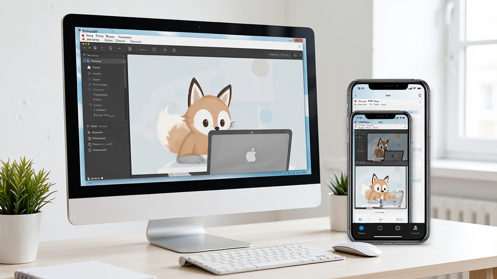 XML Fox软件使用教程场景,电脑屏幕显示软件主界面,旁边有手机屏幕显示移动端版本,展示跨设备使用,背景为办公桌,干净整洁,光线明亮,画质清晰