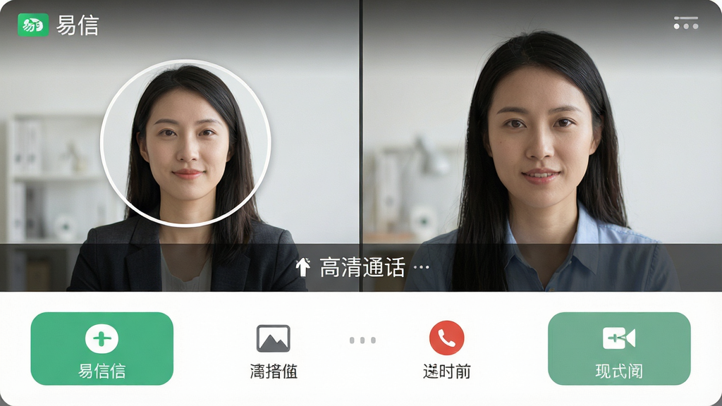 主体:易信高清通话界面,显示正在通话的两人头像和通话时长。布局:上下构图,上方为视频画面,下方为功能按钮。排版:按钮排列整齐,图标简洁。风格:写实与扁平结合,色彩自然。细节:屏幕上显示“易信”和“高清通话”字样。画质:高清,干净,无多余元素。