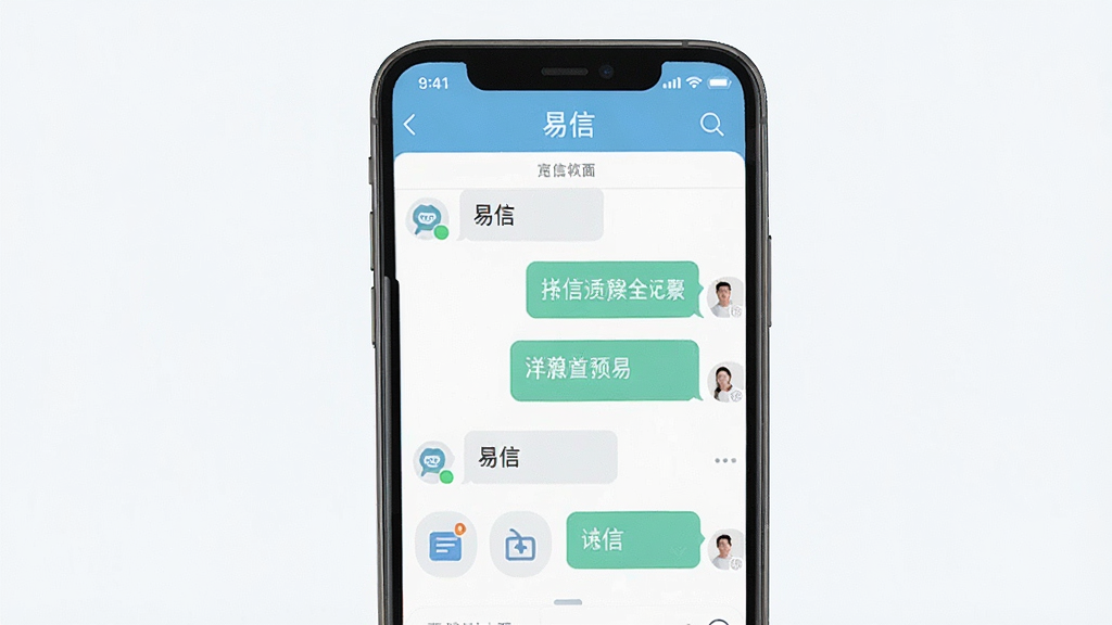 主体:易信软件界面展示,手机屏幕显示聊天窗口和功能图标。布局:中心构图,手机竖屏放置,界面清晰可见。排版:界面元素排列整齐,色彩柔和。风格:现代简约,扁平化设计。细节:屏幕中显示“易信”字样和消息气泡。画质:高清,干净,无多余元素。