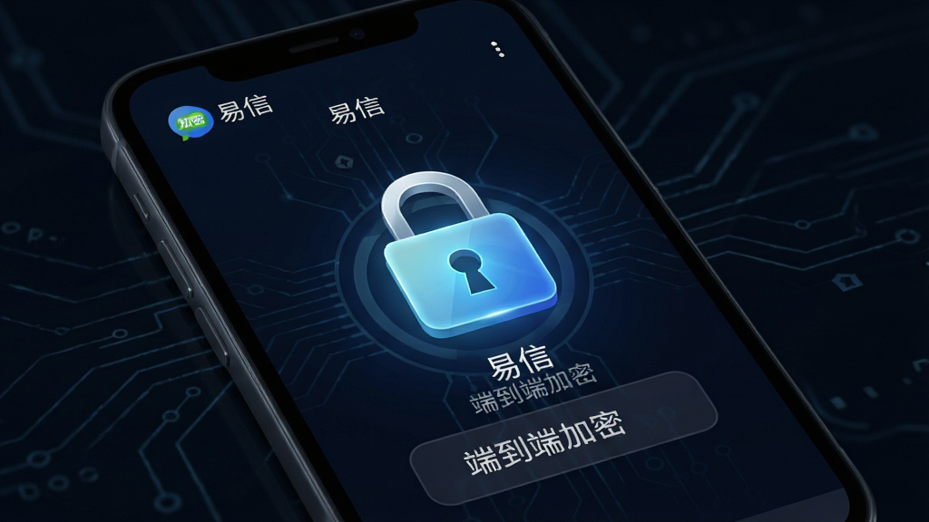 主体:易信安全加密功能演示,手机屏幕显示加密锁图标和消息已加密提示。布局:中心构图,锁图标居于屏幕中央。排版:简洁明了,突出安全主题。风格:科技感,深色背景。细节:屏幕上有“易信”和“端到端加密”字样。画质:高清,干净,无多余元素。