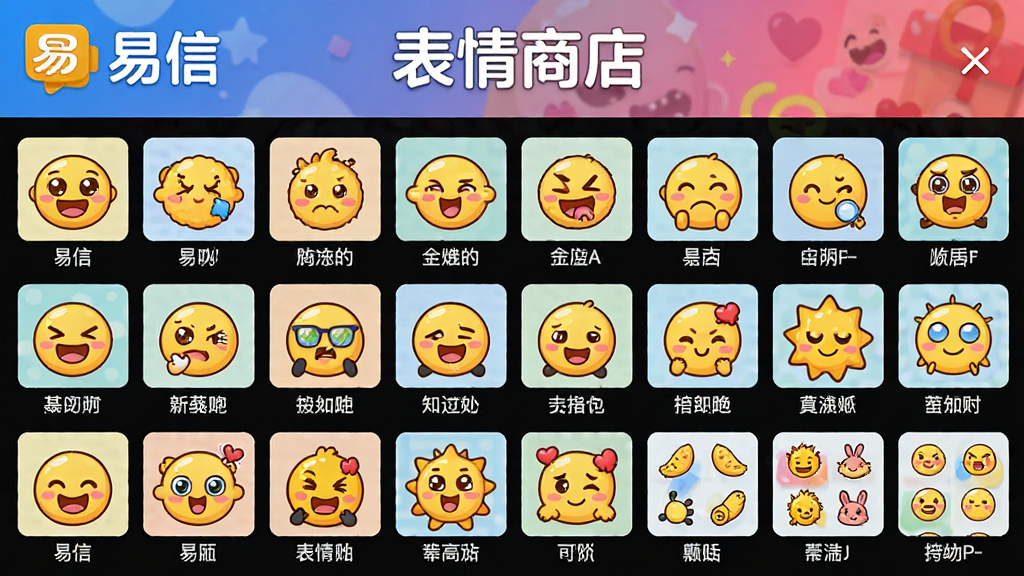 主体:易信表情商店界面,展示各种表情包和贴图。布局:网格排列,每个表情包有缩略图和名称。排版:整齐有序,色彩鲜艳。风格:卡通可爱,活泼明快。细节:界面顶部有“易信”和“表情商店”字样。画质:高清,干净,无多余元素。