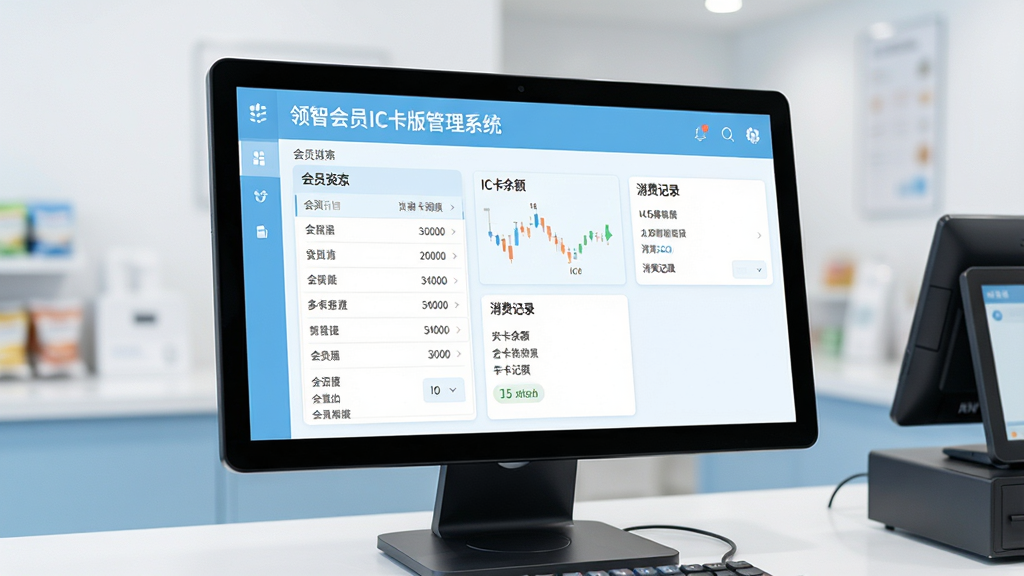 主视觉展示图:现代化收银台场景,电脑屏幕显示“领智会员IC卡版管理系统”主界面,界面包含会员列表、IC卡余额、消费记录等模块,界面风格简洁明亮,浅蓝与白色为主色调,布局清晰,画质高清,干净整洁,无多余元素。