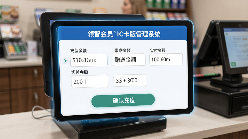 功能展示图:领智会员IC卡版管理系统的充值界面,显示充值金额、赠送金额、实付金额等输入框,下方有确认充值按钮,背景为收银台实景,界面高亮显示,画质清晰,无多余元素。