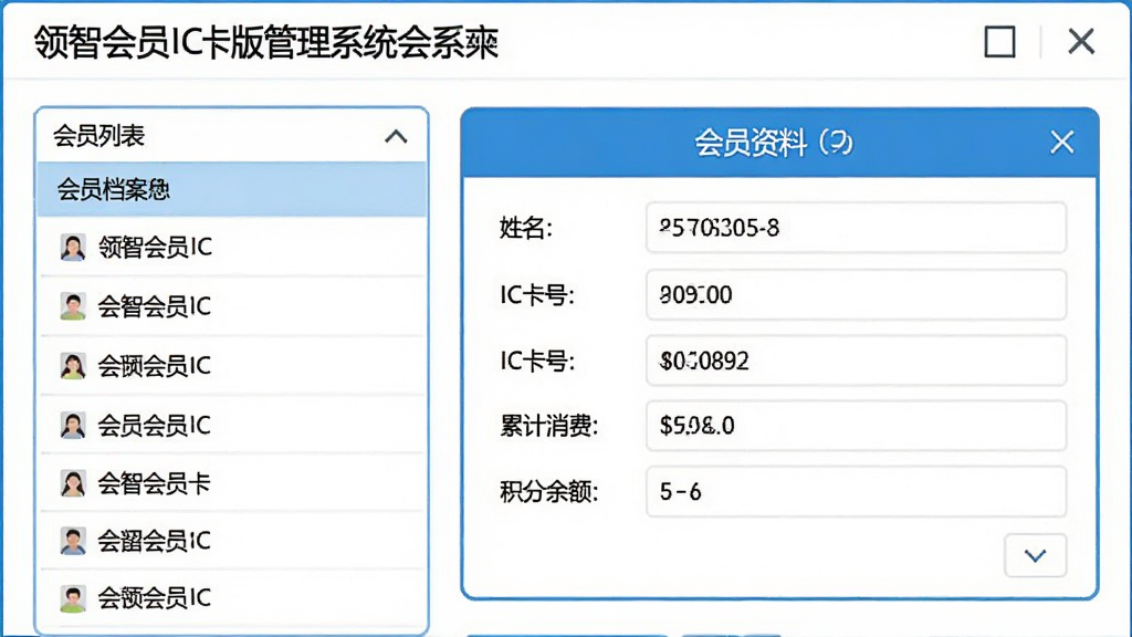 功能界面截图:领智会员IC卡版管理系统的会员档案页面,左侧为会员列表,右侧显示某会员的详细资料卡片,包含姓名、电话、IC卡号、累计消费、积分余额,界面白底蓝边,数据整齐,画质清晰,干净无杂物。