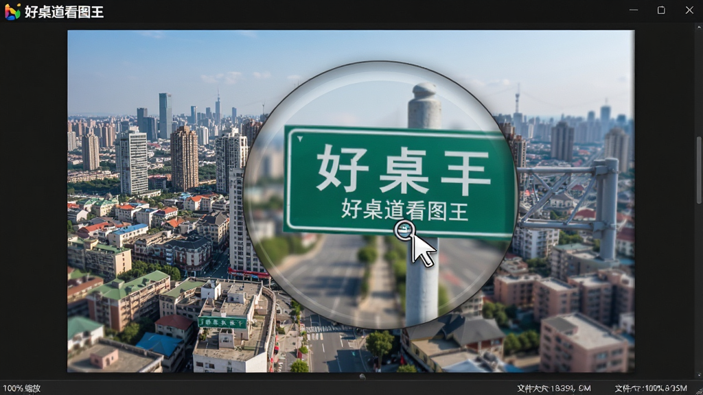 主体:好桌道看图王软件界面正在进行超大尺寸图片的流畅缩放操作。布局:界面中央显示一张细节极其丰富的城市鸟瞰全景图,鼠标指针停留在放大镜图标上,图片局部被放大显示清晰的路牌文字。排版:图片缩放过渡平滑,界面四周没有多余遮挡元素。风格:写实风格,突出软件处理大图时的流畅与清晰度。细节:图片边缘有细腻的锯齿平滑处理,状态栏显示“100% 缩放”和文件大小信息。画质:超高清,画面干净利落,无多余元素,重点展示“好桌道看图王”的Logo位于左上角。