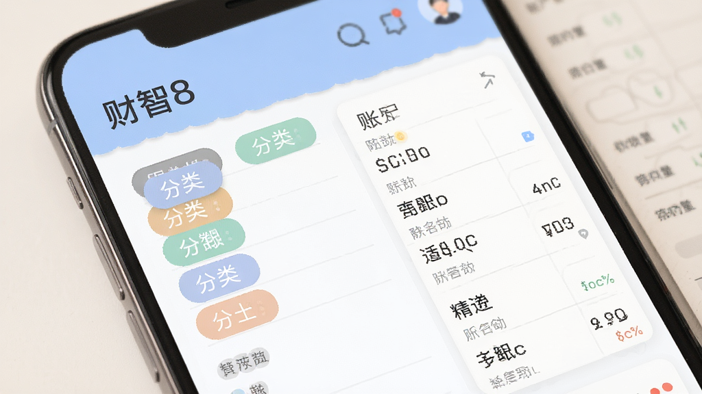 财智8智能记账界面,展示分类标签和账户列表,扁平化设计,色彩柔和,画质清晰