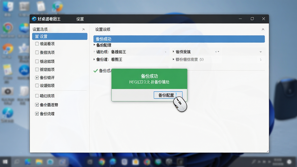 主体:一张电脑屏幕显示好桌道看图王的设置界面,鼠标点击“备份配置”按钮。布局:界面左侧为设置选项列表,右侧为当前选中项的具体内容,界面整洁。排版:现代感UI设计,信息层级分明。风格:专业软件截图风格。细节:弹出一个“备份成功”的绿色提示框,背景是模糊的桌面壁纸。画质:高分辨率,界面文字清晰,画面干净无多余元素。