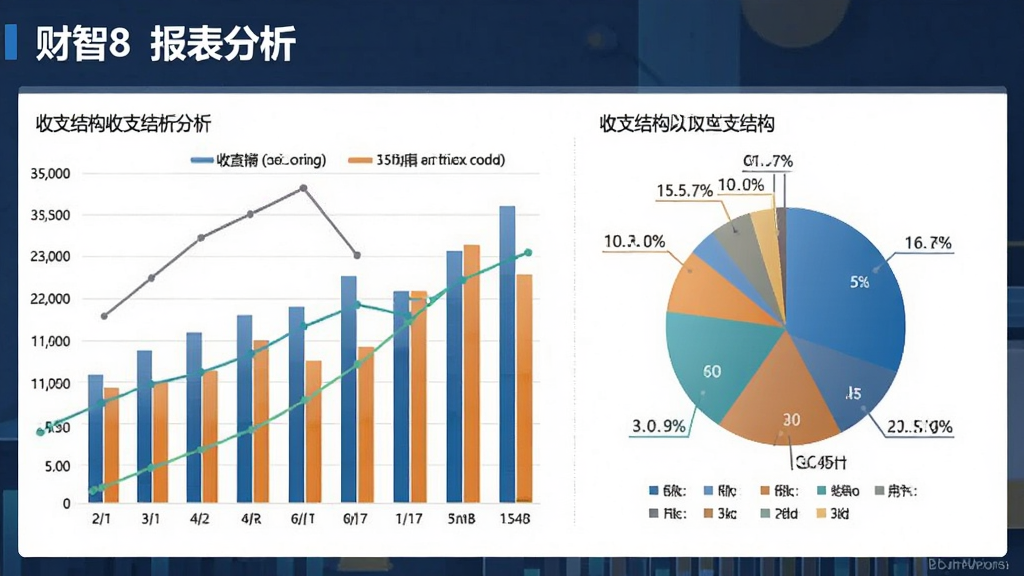 财智8报表分析页面,柱状图与饼图结合,展示收支结构,数据密集但排版清晰,专业财经风格