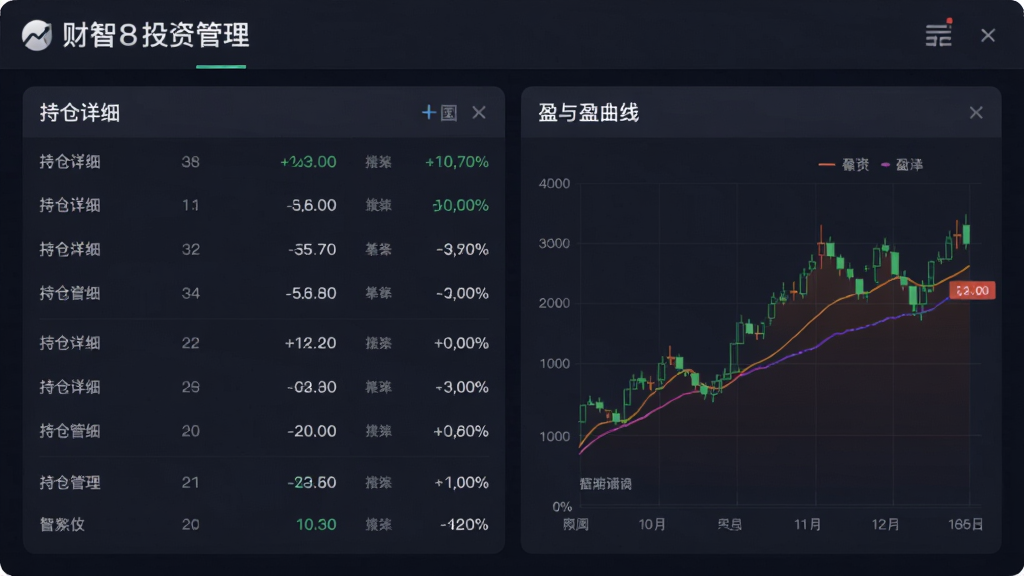 财智8投资管理界面,展示持仓明细与盈亏曲线,股票图表风格,深色背景,数据清晰,画质细腻