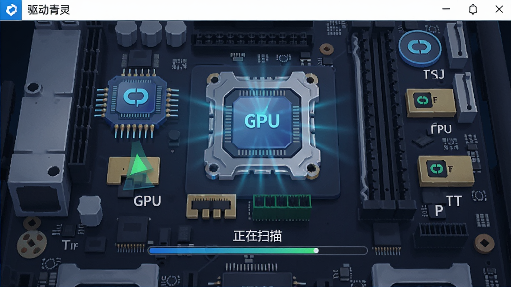 驱动精灵智能扫描功能预览图,主体为笔记本电脑主板上各种硬件图标,布局为驱动精灵界面中扫描动画的放大特写,风格为科技感插画,细节包括CPU、GPU、网卡等硬件标识以及“正在扫描”进度条,排版居中,画质清晰,干净无多余元素