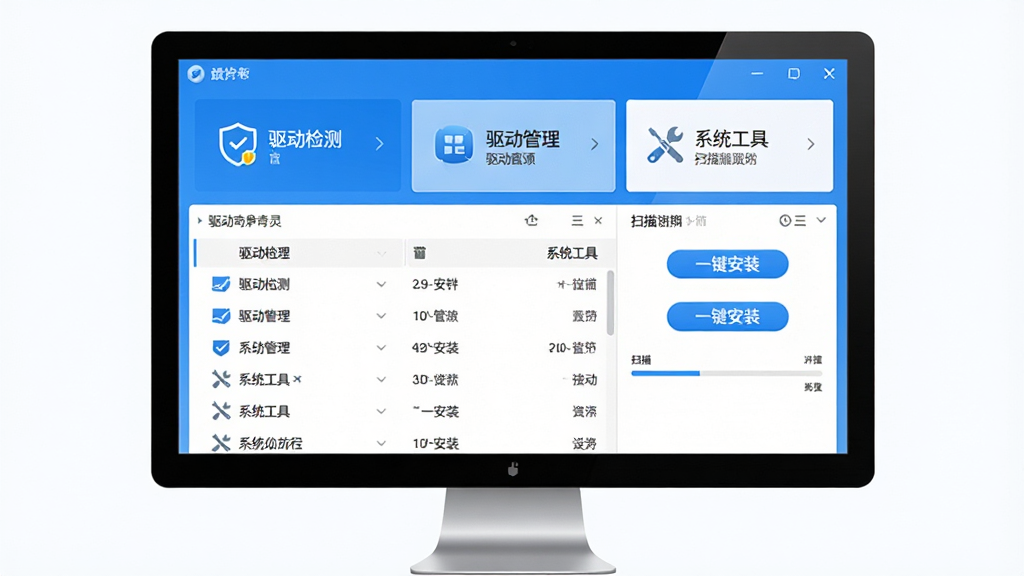 驱动精灵软件主界面展示图,主体为电脑屏幕中驱动精灵的蓝色主界面,布局清晰展示“驱动检测”“驱动管理”“系统工具”等模块,界面风格简洁现代,配色以蓝白为主,细节包括驱动列表、一键安装按钮、扫描进度条,排版居中,画质高清,干净无多余元素