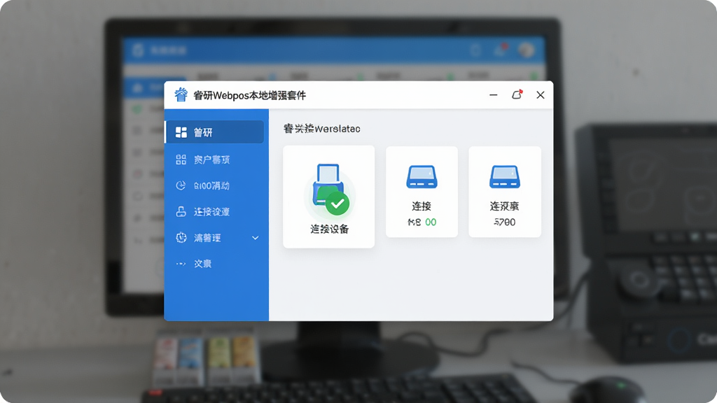 画面主体为睿研Webpos本地增强套件的主界面悬浮窗,叠加在模糊的电脑收银系统背景上方,界面简洁现代,左侧是功能导航栏,右侧显示连接设备状态图标,整体布局清晰,排版专业,采用蓝白科技色风格,细节展示设备连接成功的绿色对勾标识,画质高清干净,无多余元素