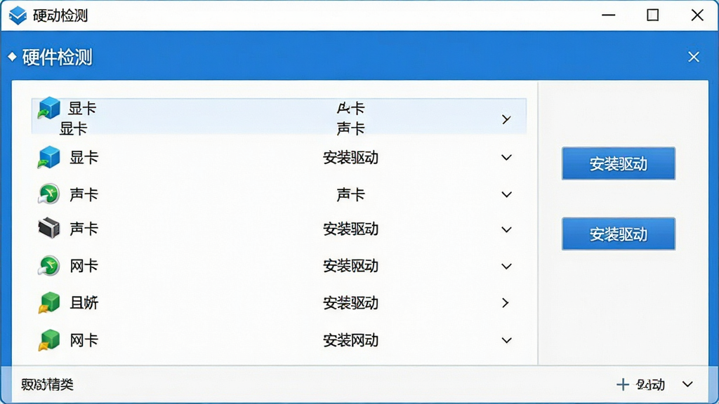 一张高清电脑截图,屏幕中驱动精灵软件界面显示“硬件检测”页面,列表中有显卡、声卡、网卡等硬件名称,右侧有“安装驱动”按钮,界面设计简洁,采用蓝色主题色,画质清晰,排版整齐,无多余元素