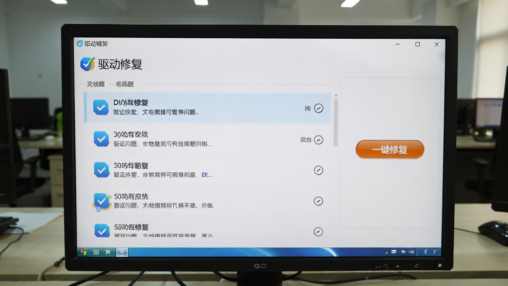 一张电脑屏幕的实拍图,屏幕上显示驱动精灵的“驱动修复”界面,界面中有多个驱动问题列表,右侧有“一键修复”按钮,背景为办公室环境,画质清晰,风格写实,无多余元素