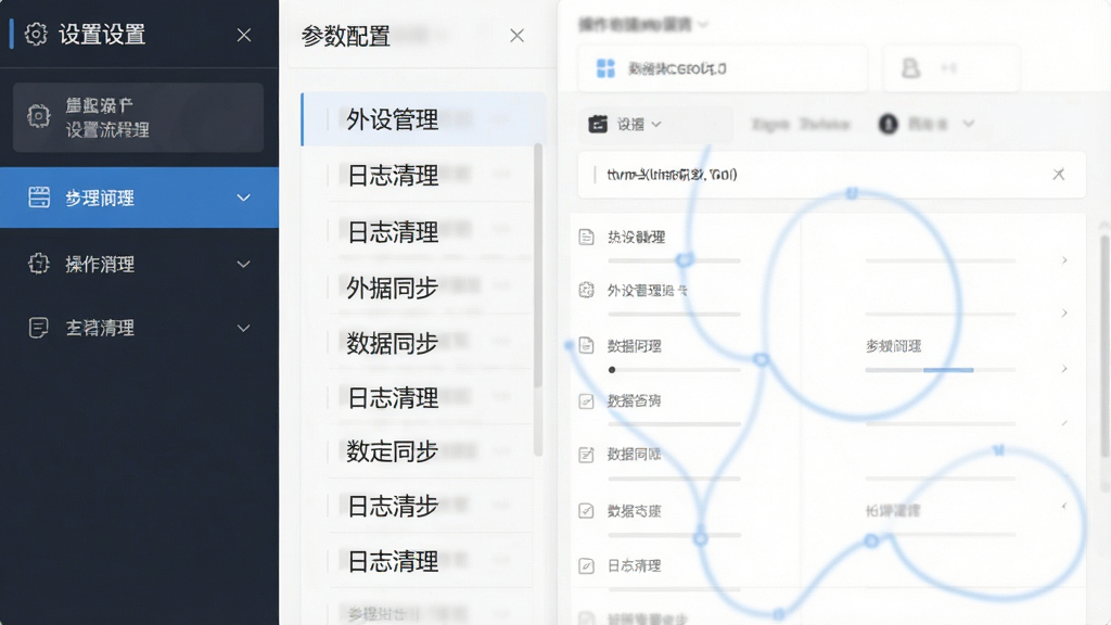 主体:操作流程图或设置界面,布局:左侧设置菜单,右侧参数配置表单,排版:步骤清晰,风格:简洁商务,细节:显示