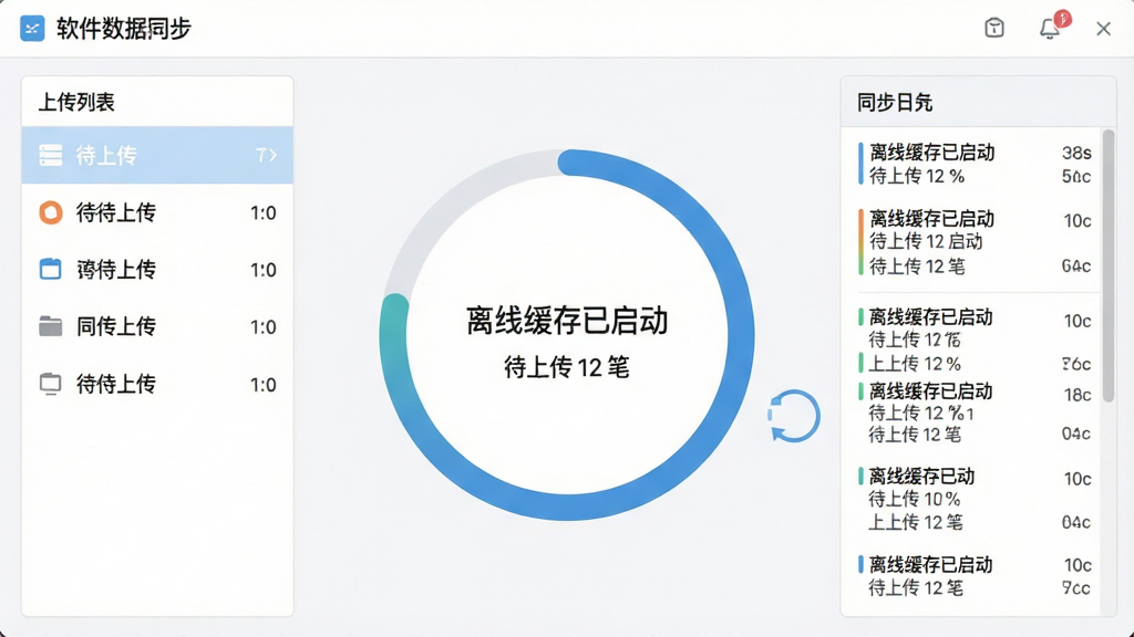 主体:软件数据同步界面,布局:中央环形进度图,左侧待上传列表,右侧同步日志,排版:简洁直观,风格:扁平化设计,细节:标注