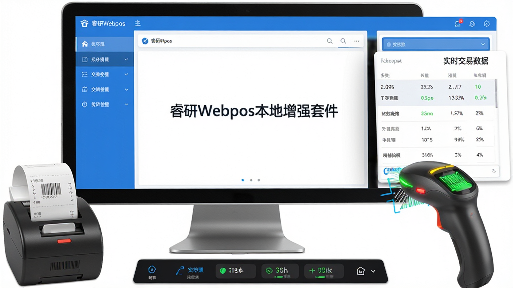 主体:软件主界面与收银设备联动场景,布局:左侧功能菜单,右侧实时交易数据面板,底部外设状态栏,排版:清晰分区,风格:现代科技感,蓝白主色调,细节:屏幕中显示