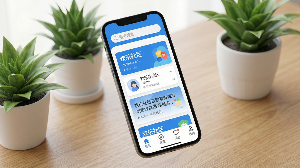 主体:手机屏幕展示欢乐社区应用主界面,界面顶部有搜索栏,中间是资讯卡片流,底部导航栏包含首页、发现、消息、我的四个图标。布局:居中构图,手机略微倾斜,界面内容清晰可辨。排版:界面元素排列整齐,卡片间距均匀,色彩以蓝色和白色为主。风格:现代扁平化设计,清新自然。细节:屏幕中显示“欢乐社区”字样,周围有绿色植物盆栽和木质桌面作陪衬。画质:高清渲染,干净明亮,无多余元素。