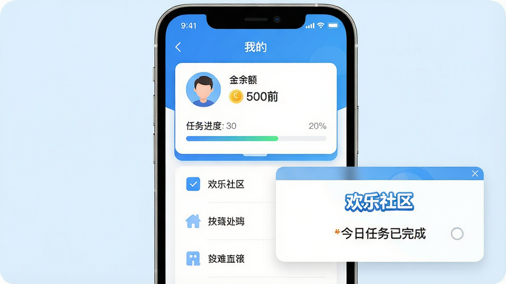 主体:手机屏幕显示欢乐社区“我的”页面,展示用户头像、金币余额、任务进度条。布局:顶部为个人信息卡片,下方为功能菜单列表。排版:简洁清晰,金币数字醒目。风格:清爽蓝色背景,白色卡片。细节:屏幕上有“欢乐社区”字样的弹窗提示“今日任务已完成”。画质:高清干净,无多余元素。