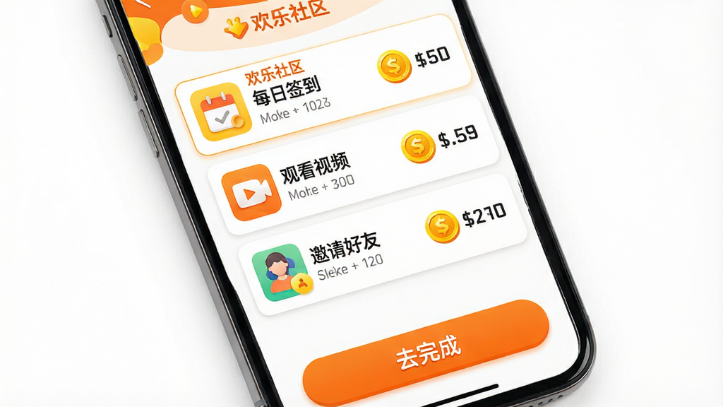 主体:手机屏幕展示欢乐社区任务中心界面,任务列表包含“每日签到”、“观看视频”、“邀请好友”等条目。布局:列表左侧为任务图标,右侧为奖励金币数量,底部有“去完成”按钮。排版:清晰简洁,金币图标醒目。风格:明亮活泼,带有橙色和黄色点缀。细节:任务卡片上有“欢乐社区”字样,背景为纯白色。画质:高清干净,无多余元素。