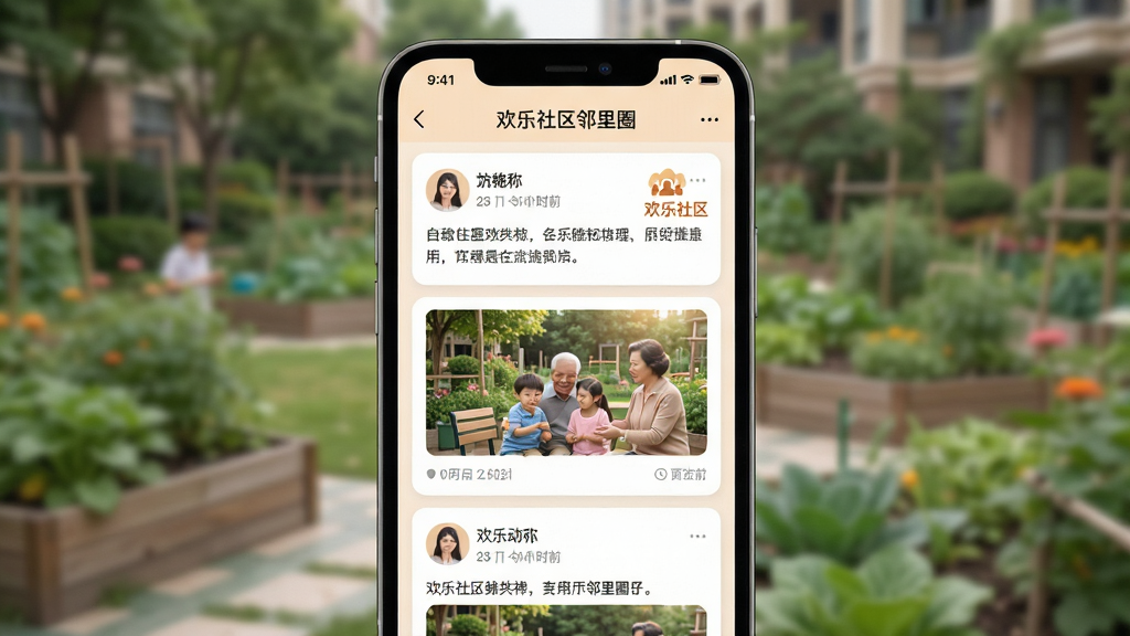 主体:手机屏幕显示欢乐社区邻里圈页面,顶部有小区名称,下方是用户发布的动态卡片,包含文字和配图。布局:卡片式纵向排列,每个卡片有头像、昵称、时间和内容。排版:信息层级分明,文字清晰。风格:温馨生活化,色调柔和。细节:动态内容包含“欢乐社区”的Logo水印,背景是模糊的社区花园实景。画质:细腻写实,光线自然,干净无杂物。