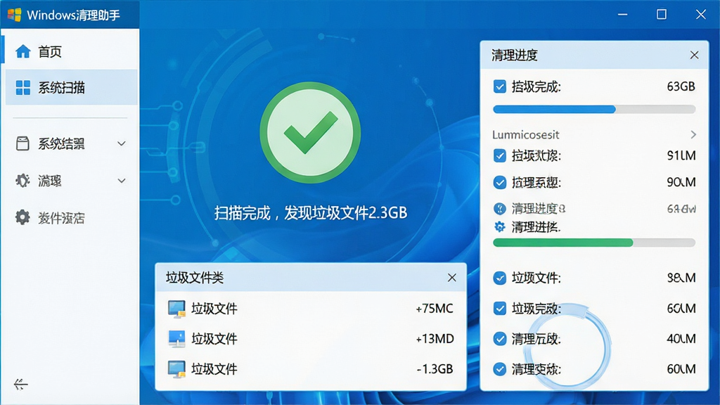 ���壺Windows�����������������棬չʾϵͳɨ���������������������֣�����������ʾ��ɫ�Թ���ɨ�����״̬���·��г������ļ����ʹ�С���Ű棺��๦�ܵ��������Ҳ���ϸ�����б�������ִ���Լ����ɫ�Ƽ��С�ϸ�ڣ�����ɾ���ͼ��������������ʾ��ɨ����ɣ����������ļ�2.3GB�������ʣ����壬�������޶���Ԫ�ء�