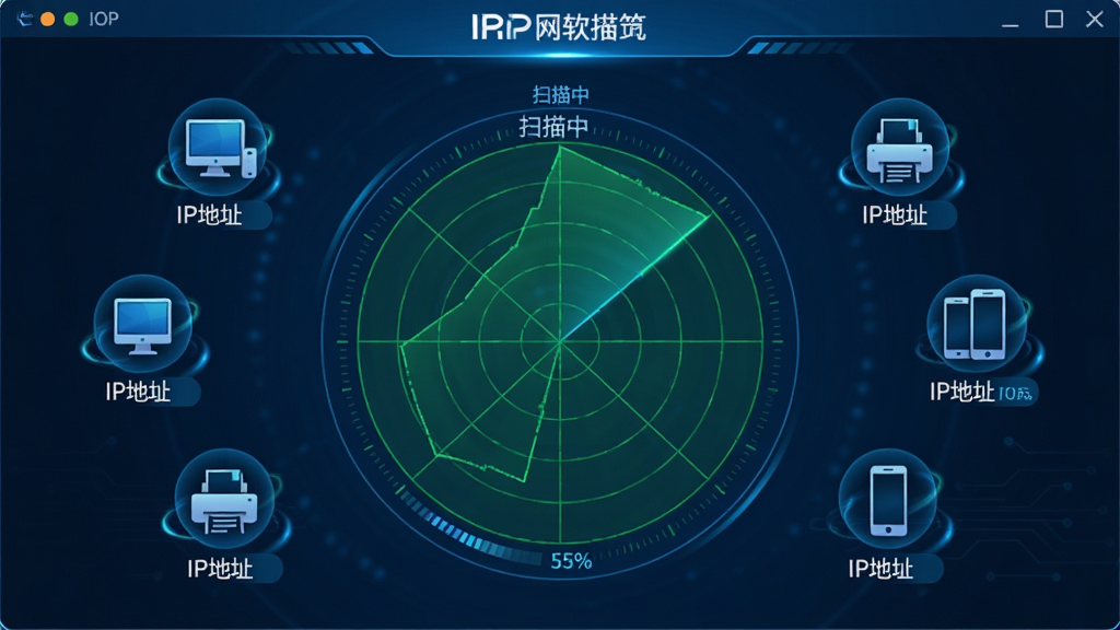 主体:IPOP软件正在进行局域网扫描的界面截图。布局:主窗口中央有一个圆形雷达图,周围环绕着扫描到的设备图标。排版:雷达图以绿色网格为底,设备图标上有“IP地址”标签。风格:科技感蓝色调,动态效果。细节:雷达图边缘有“扫描中”字样,进度条显示百分比,图标包含电脑、打印机、手机。画质:清晰细腻,干净,无多余元素