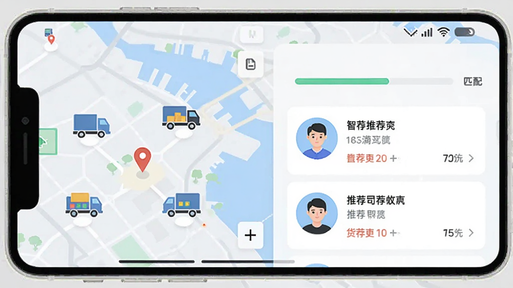 主体为货滴APP的智能匹配界面,展示地图上多个货车图标与用户位置,布局为上下分栏,排版直观,风格扁平化,细节包括匹配进度条和推荐司机卡片,画质干净无多余元素