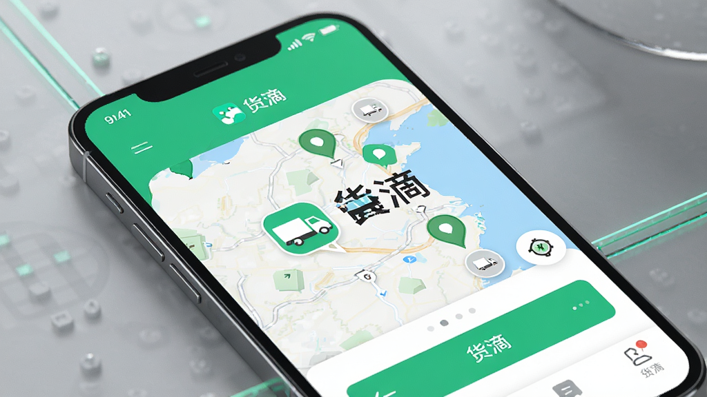 主体为一部智能手机屏幕显示货滴APP主界面,界面中有地图、货车图标和“货滴”字样,布局简洁,排版清晰,风格现代科技,细节包括绿色主题色和货运车辆标记,画质高清干净,无多余元素