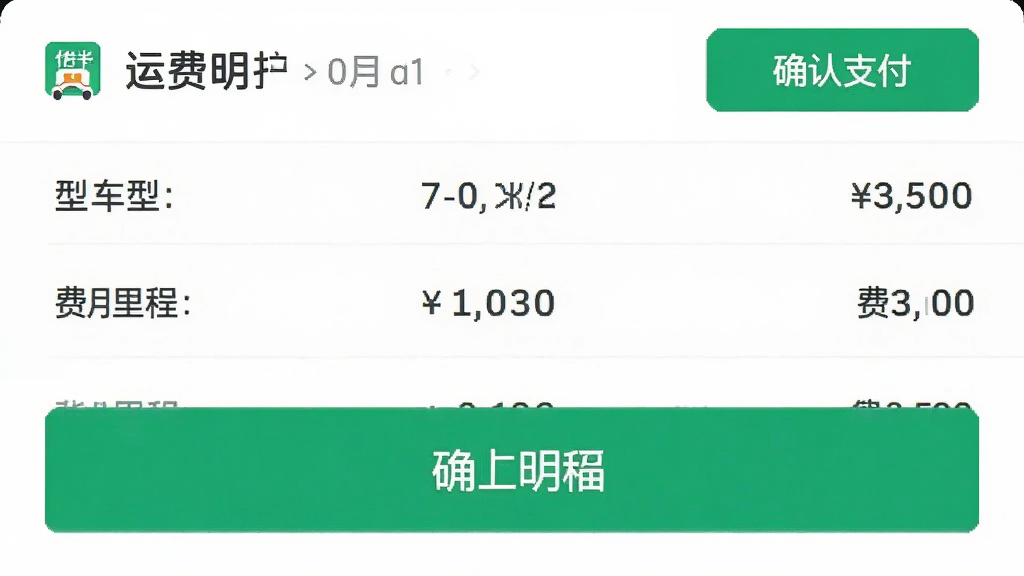 主体为货滴APP的运费明细页面,展示车型、里程、费用等列表,布局为列表形式,排版整洁,风格简约,细节包括绿色“确认支付”按钮,画质干净,无多余元素
