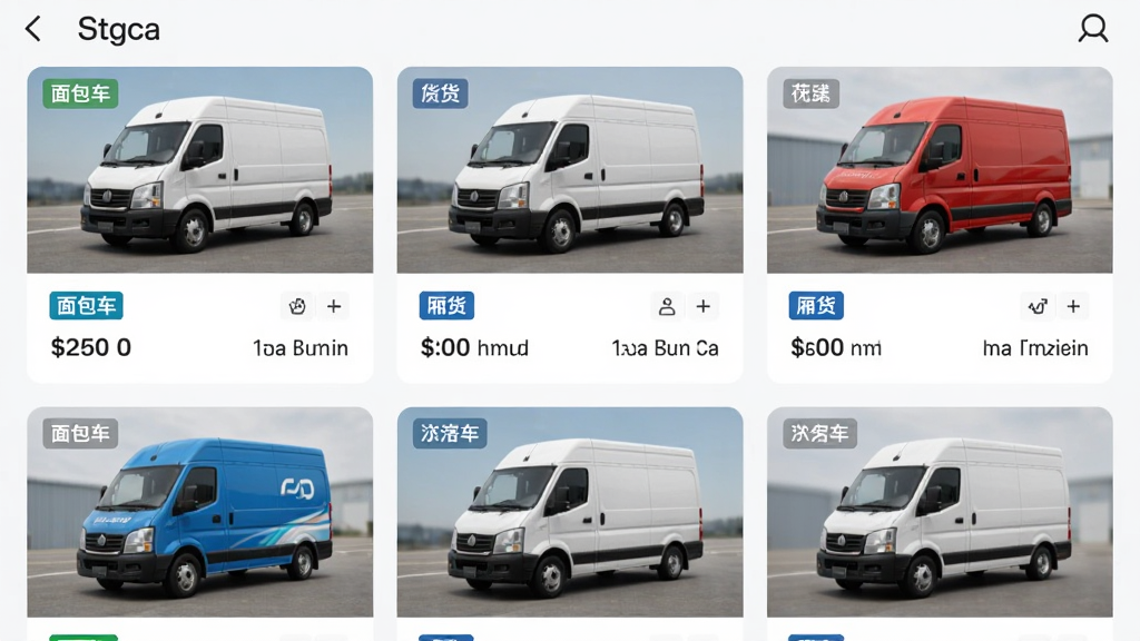主体为货滴APP的车型选择页面,展示多种货车图片和参数,布局为网格卡片,排版美观,风格清爽,细节包含“面包车”“厢货”等标签,画质清晰,无多余元素