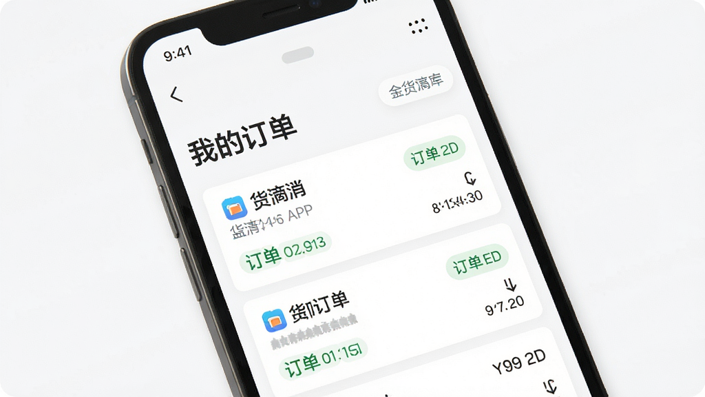 主体为手机屏幕显示货滴APP的“我的订单”页面,布局为列表形式,排版清晰,风格简约,细节包括订单状态标签,画质干净,无多余元素
