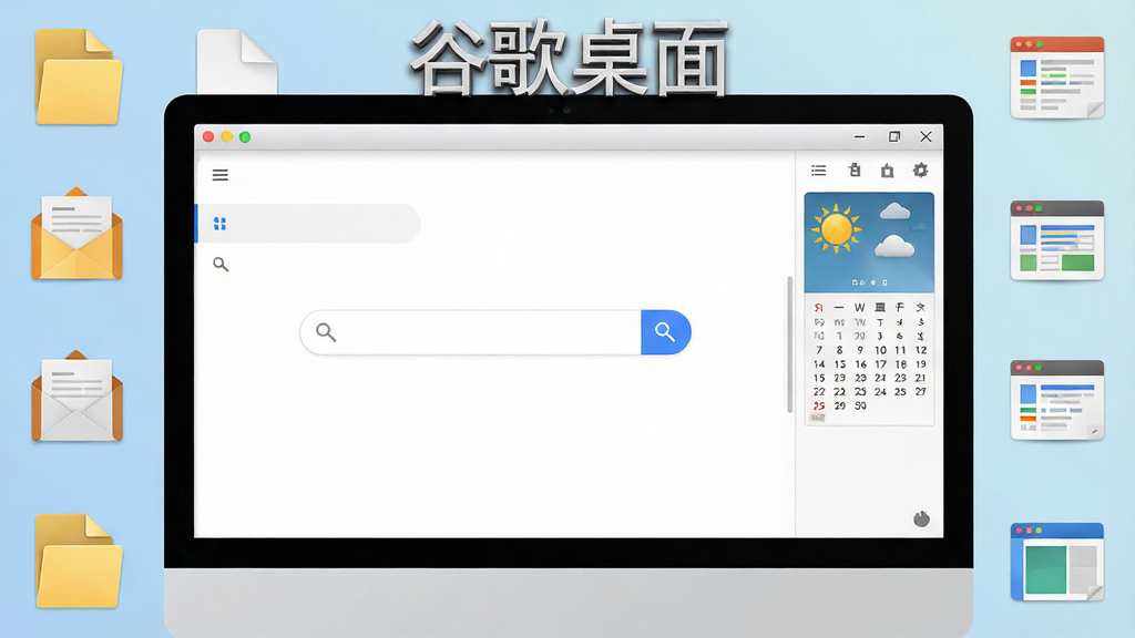 主体:谷歌桌面软件界面展示在电脑屏幕上,屏幕中显示简洁的搜索框和侧边栏小工具。布局:电脑屏幕居中,周围环绕文件、邮件、网页等图标,体现搜索功能。排版:画面清晰,主体突出,软件名称“谷歌桌面”以文字形式出现在屏幕上方。风格:现代科技感,色彩明亮,干净整洁。细节:搜索框内有放大镜图标,侧边栏显示天气和日历小工具。画质:高清渲染,细节丰富,无多余元素。