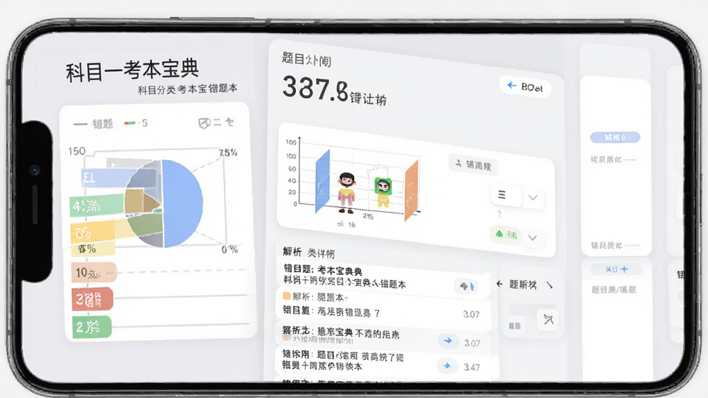 主体:科目一考本宝典错题本界面,展示错题统计图和题目列表。布局:手机竖屏居中,屏幕左侧为错题分类,右侧为题目详情。排版:上方为错题数量统计,下方为题目和解析。风格:简约卡片式设计,背景浅灰,文字清晰,画质干净无多余元素。