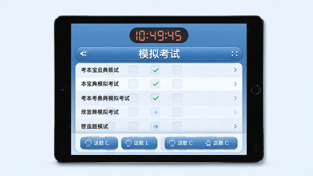 主体:科目一考本宝典模拟考试界面,显示倒计时和答题卡。布局:平板电脑居中,屏幕上有“模拟考试”标题和题目列表。排版:上方为计时器,中间为题目,下方为选项按钮。风格:拟物化设计,色调以蓝白为主,细节清晰,画质干净无多余元素。