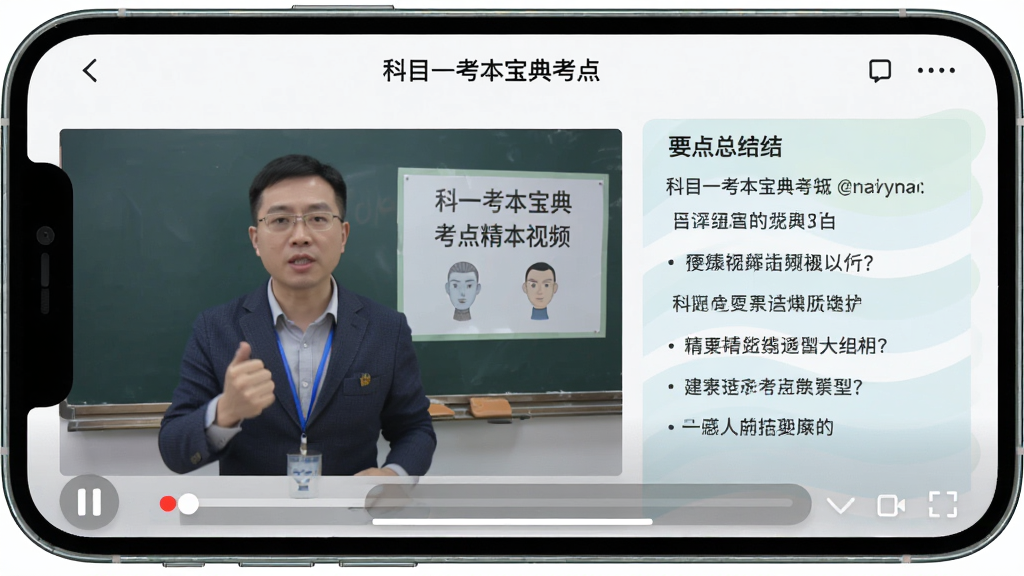主体:科目一考本宝典考点精讲视频播放页面。布局:手机横屏居中,屏幕显示讲课老师形象和课件内容。排版:左侧为视频画面,右侧为要点总结文字。风格:教育风格,色彩柔和,画面清晰,干净无多余元素。