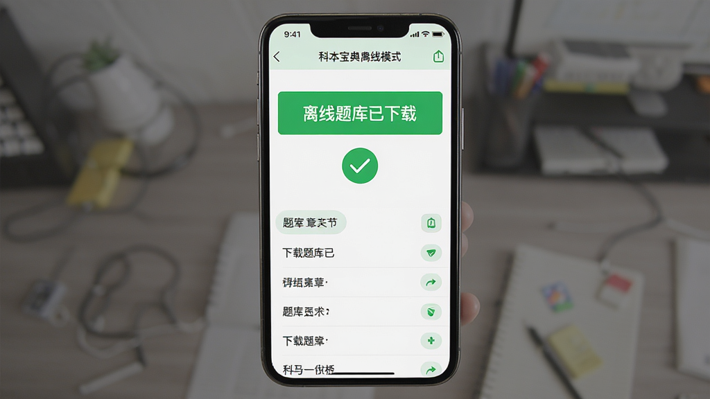 主体:科目一考本宝典离线模式界面,显示下载完成状态。布局:手机居中,屏幕上显示“离线题库已下载”和勾选图标。排版:上方为状态提示,下方为题库章节列表。风格:简洁扁平,绿色点缀,视觉舒适,干净无多余元素。