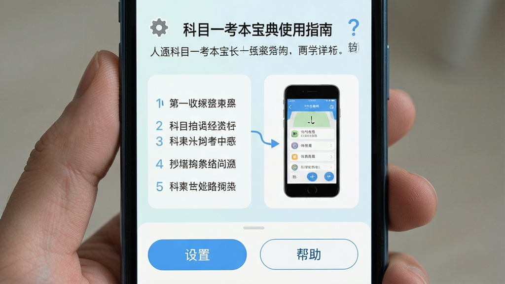 主体:手机显示科目一考本宝典使用指南界面,有“设置”和“帮助”图标。布局:手机居中,屏幕分为上下两部分,上半部分为文字教程,下半部分为操作按钮。排版:左侧为步骤列表,右侧为示意图。风格:清新简洁,浅色背景,图标清晰,画质干净无多余元素。